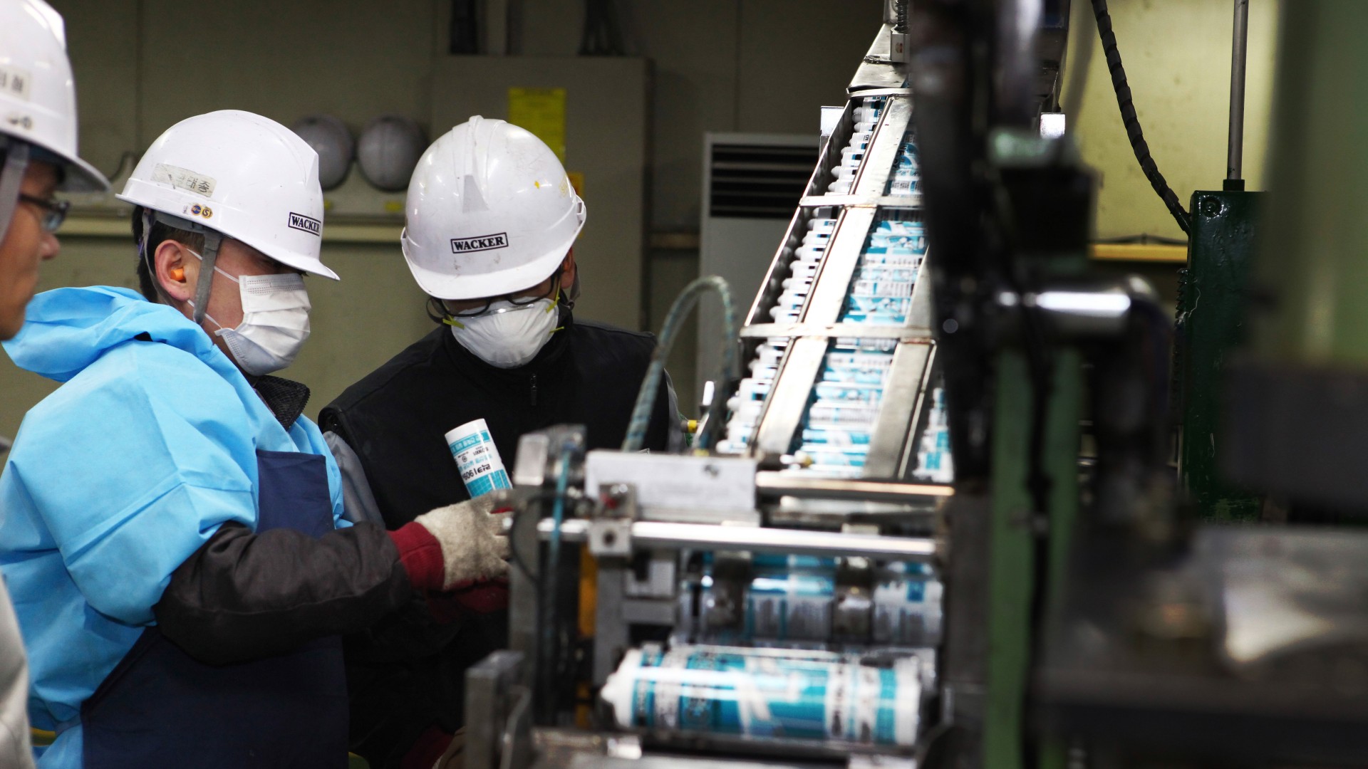 Interior view of the Jincheon plant with employees on the production line