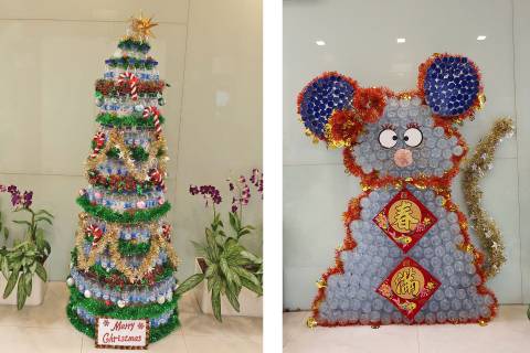 Christmas tree and rat made from single-use plastic bottles