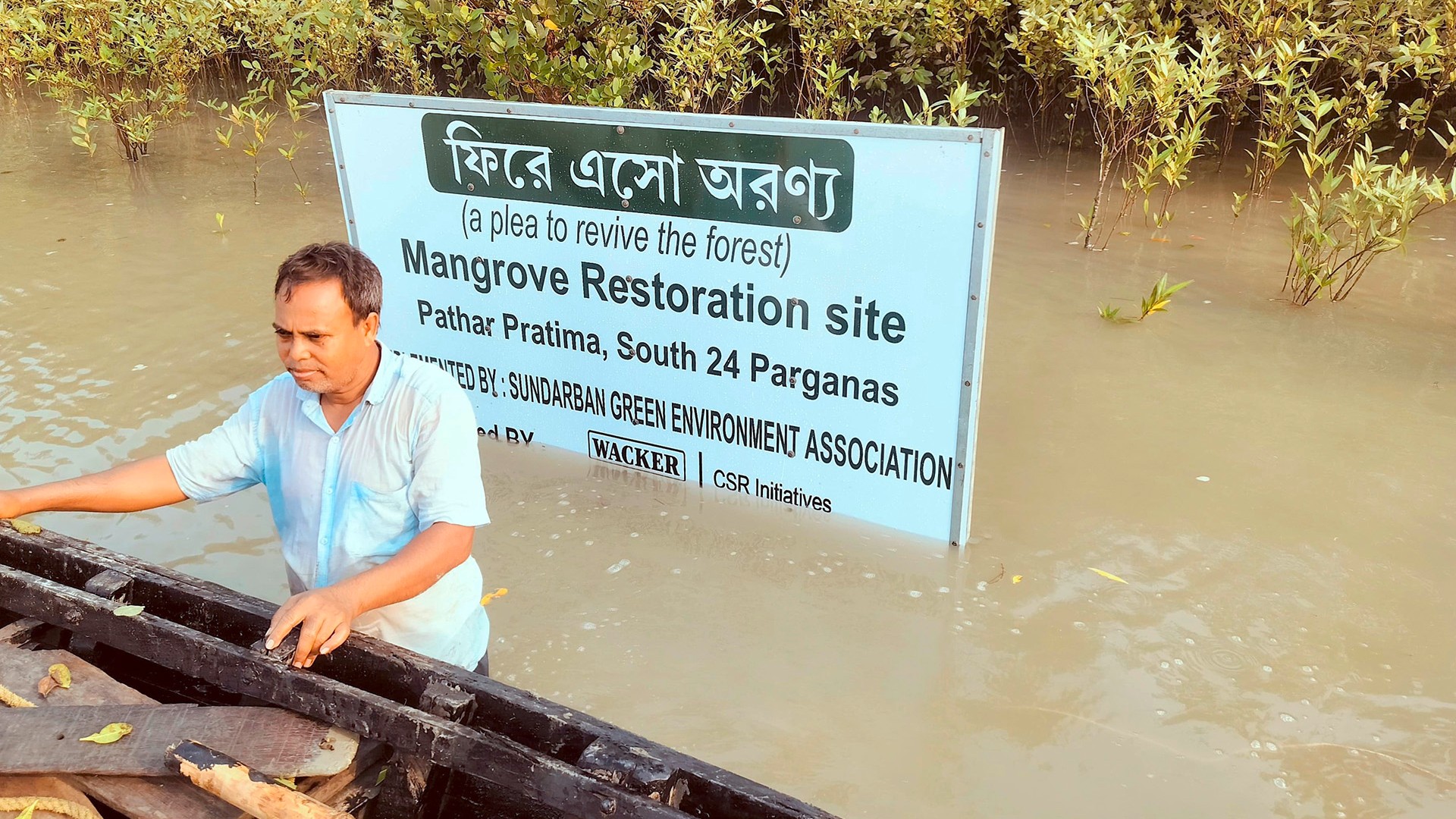 A man stands in front of a sign in the mangrove forest that reads Mangrove Restoration site
