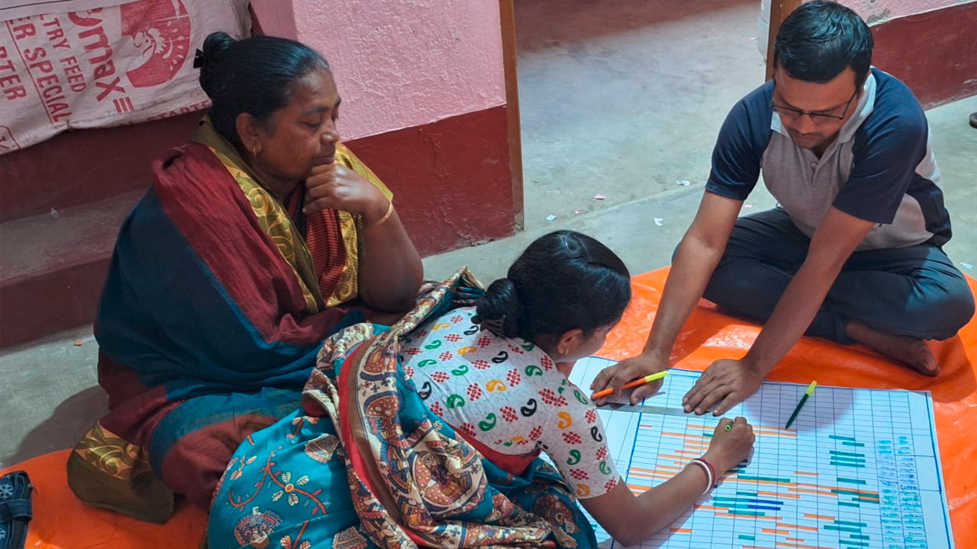 Three women and one man work together to create a crop calendar