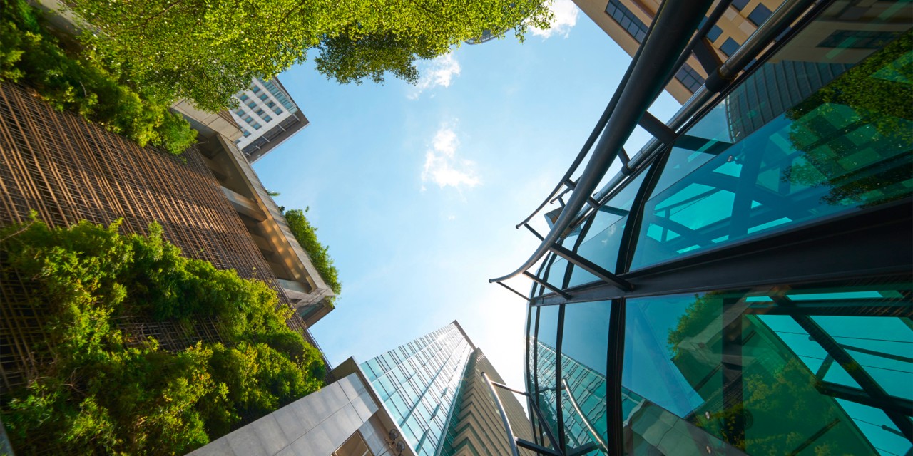 Modern buildings with glass facades and greenery
