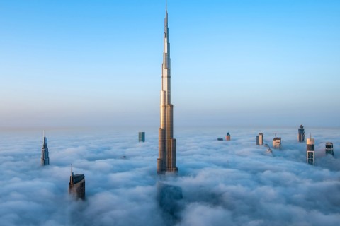 Top of the Burj Khalifa from above, the rest of the tower is under clouds