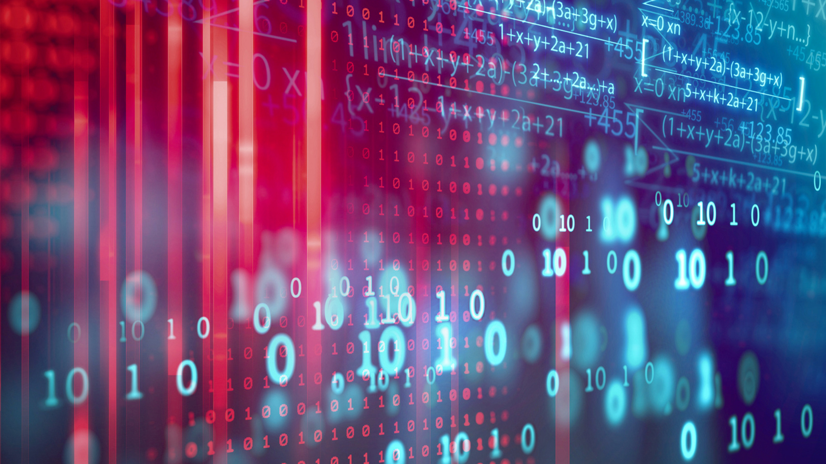 Stilisierte Darstellung von IT-relevanten Zahlen und Formeln.