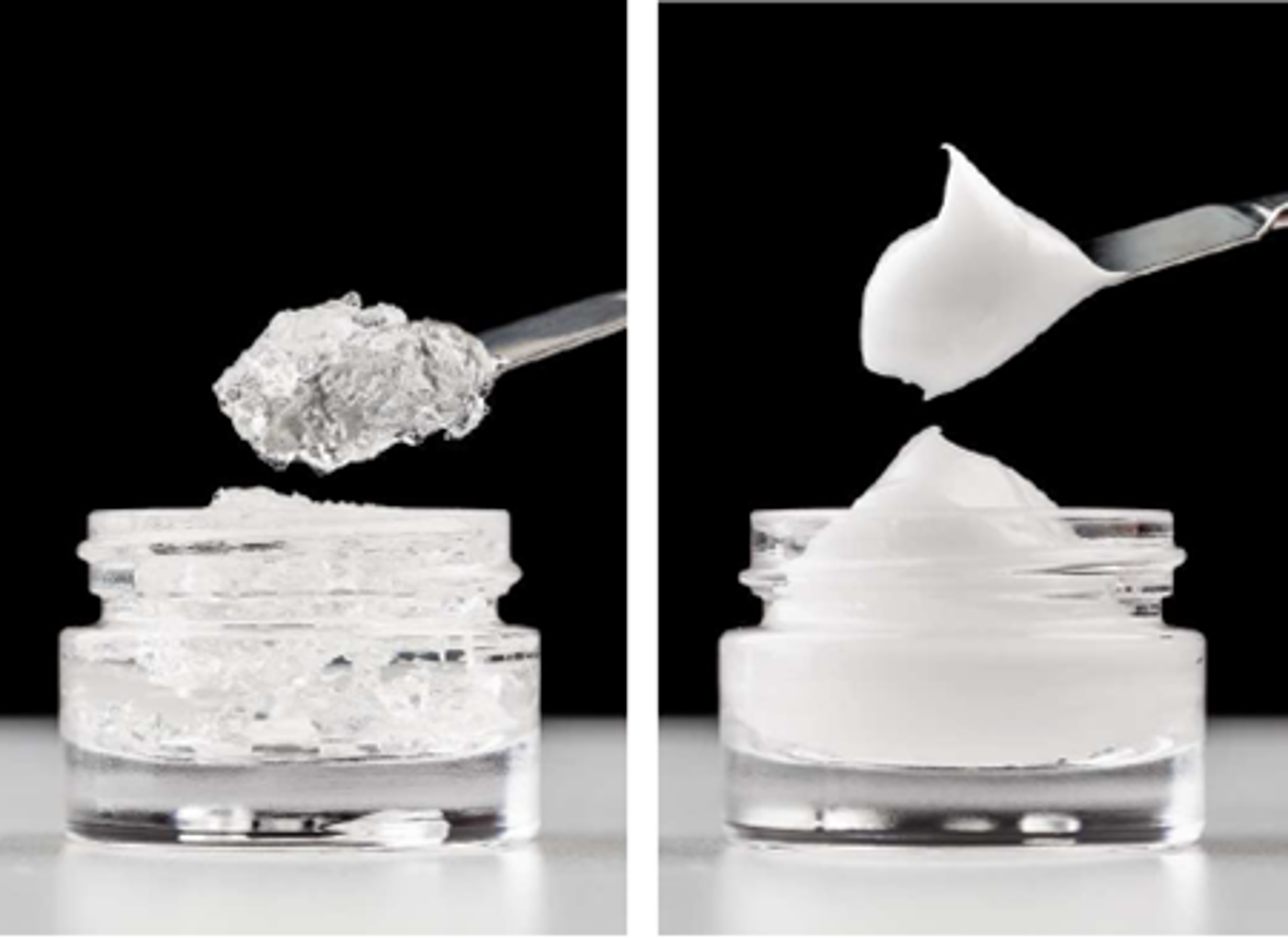 BELSIL&reg; REG 1103 B silicone resin elastomer gel (left) becomes stiff cream (right) after mixing with water. (Photo: WACKER)