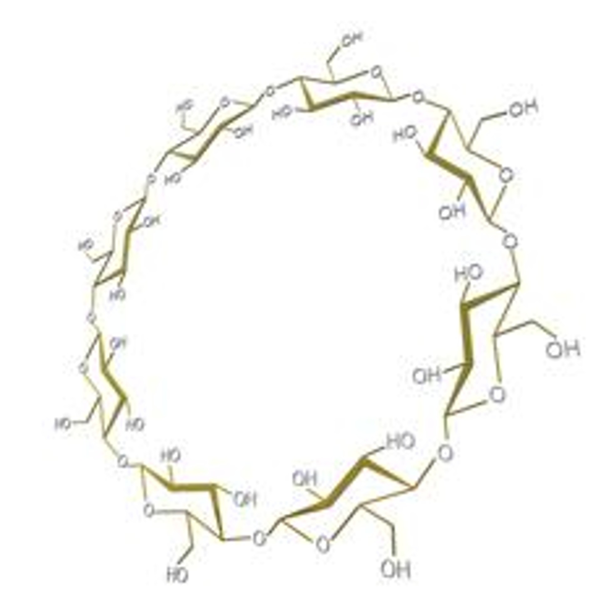 Schematisches Modell eines Gammadextrins mit acht Glukoseeinheiten. Das Molek&uuml;l hat eine hydrophile H&uuml;lle und einen lipophilen Innenraum, so dass es andere wasserabweisende Substanzen aufnehmen kann. Durch diese Einschlussverbindung kann die Bioverf&uuml;gbarkeit schwer l&ouml;slicher aktiver Inhaltsstoffe verbessert werden.