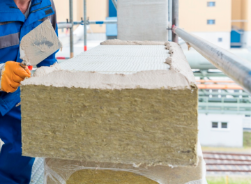 Application of adhesive mortar modified with polymer binder to a mineral wool insulation panel during facade insulation installation.